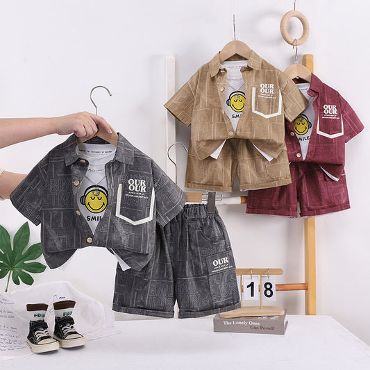 Children's Summer Fashionable Outfit 2026 New Style for Young Boys, Pocket Cardigan Short Sleeve, Baby Boy Shorts Three-Piece Trendy Set