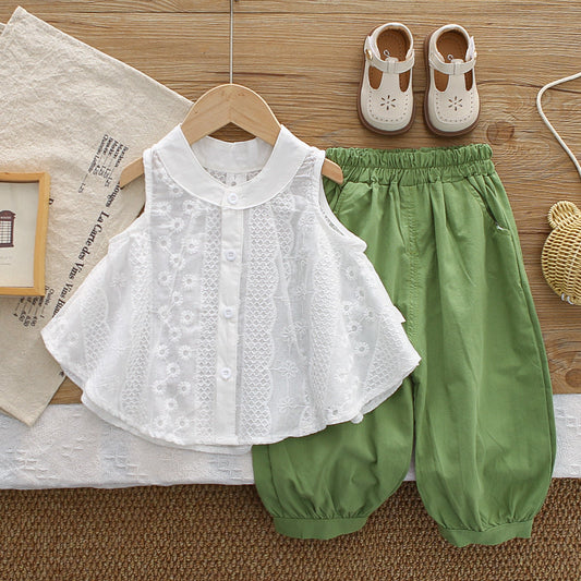 Girls' Outfit 2026 New Fashionable Skirted Sleeveless Shirt Short-Sleeve Two-Piece Set Baby Clothes Summer Trend