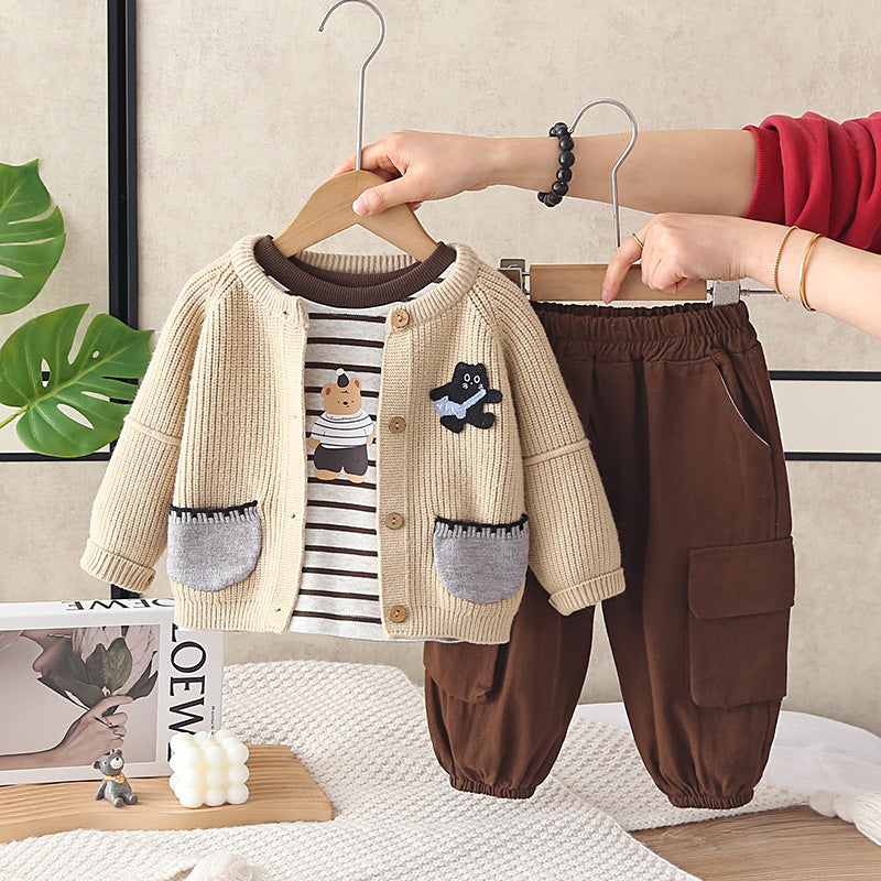 Baby boy outfit for 1-3 year olds, stylish children's spring and autumn two-pocket cat three-piece set