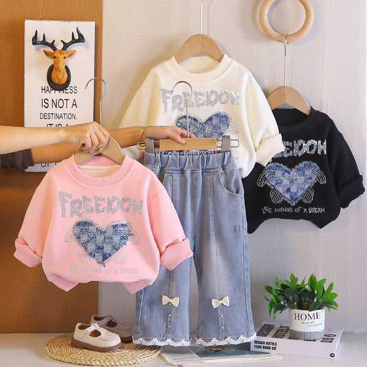 Girls' Heart-Shaped Bow Sweatshirt Set, 2026 New Fashionable Baby Girl Spring Outfit, Casual Two-Piece Set