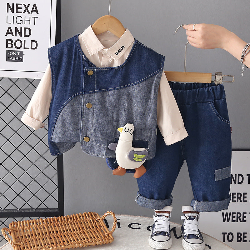 Children's Outfit 2026 New Spring and Autumn Little Duck Denim Vest Three-Piece Set 0-5 Year Olds, Trendy for Young Children