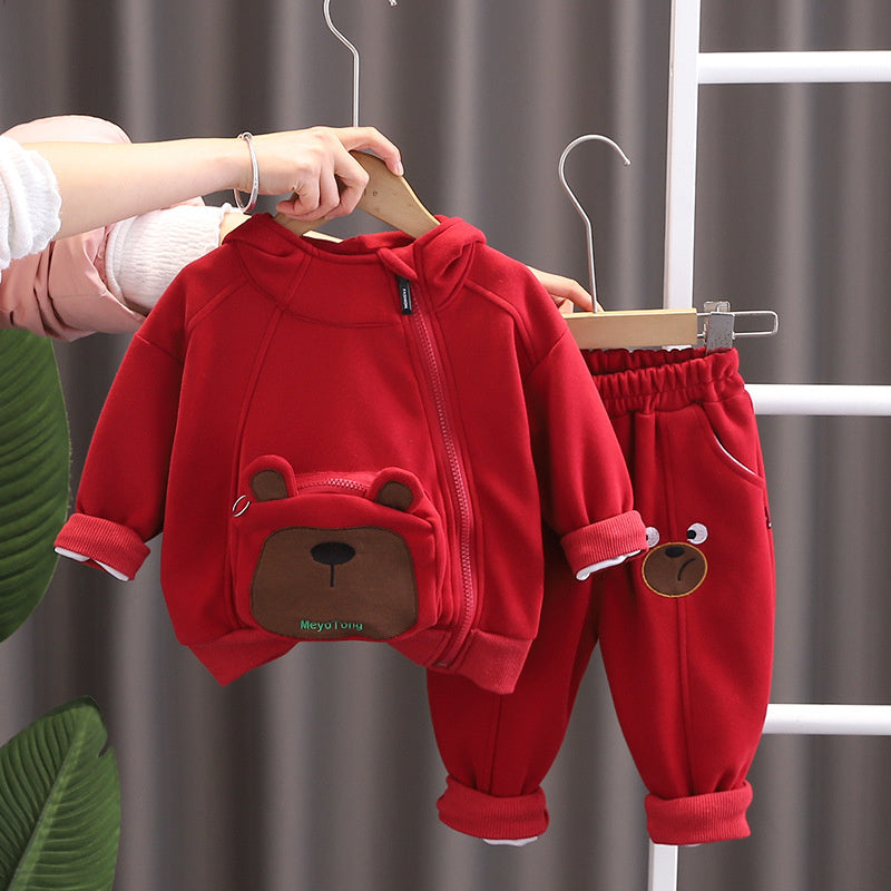 Boys' Spring Outfit with 3D Pocket Bear Zipper 2024 New Fashionable Children's Casual Two-Piece Set