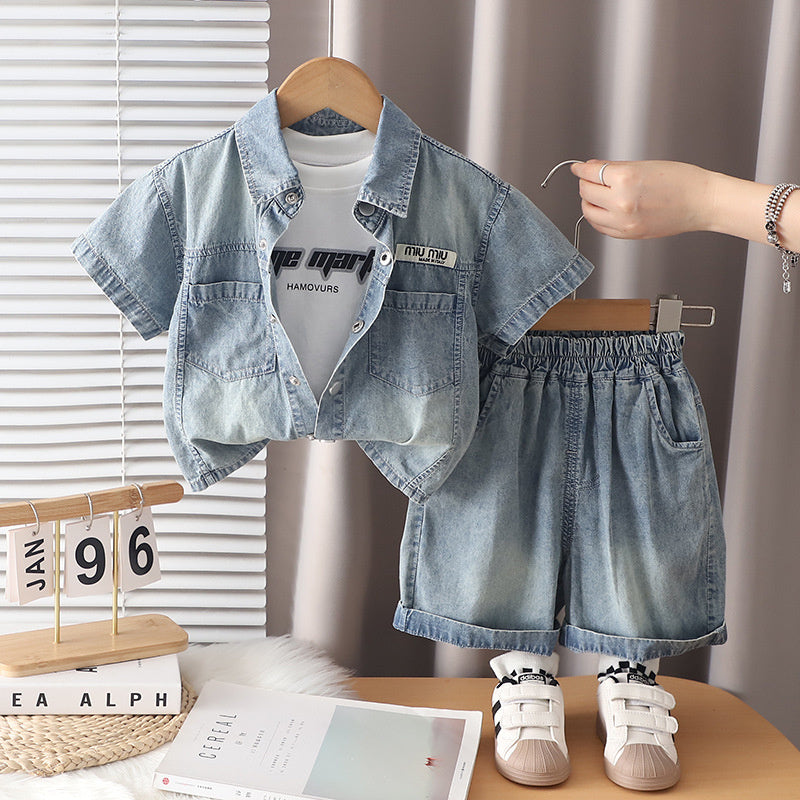 Boys' outfit baby summer 2026 denim short-sleeve three-piece set, new stylish letter-printed children's clothing