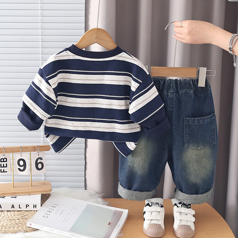 Boys' and autumn stylish outfit, Korean-style round-neck striped clothes, fashionable infant clothing for one-year-old baby spring wear