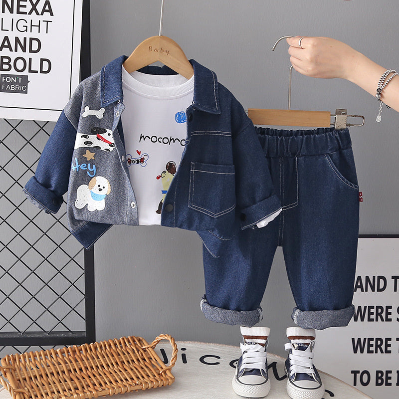 Baby Boy and Autumn Outfit 2026 New Fashionable Infant Spring Clothing Casual Puppy Denim Jacket Three-Piece Set