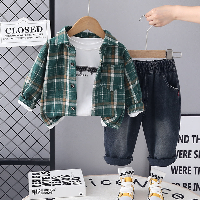 Boys' Spring Outfit 2025 New Stylish Plaid Shirt Little Boy Handsome Fashion Casual Long Pants Three-Piece Set