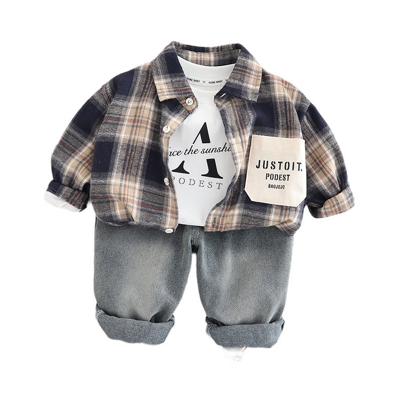 Boys' 2025 Outfit 1-2-3 Years Old Baby Color Block Shirt Jacket Children's Spring Autumn Three-Piece Set Kids' Clothing