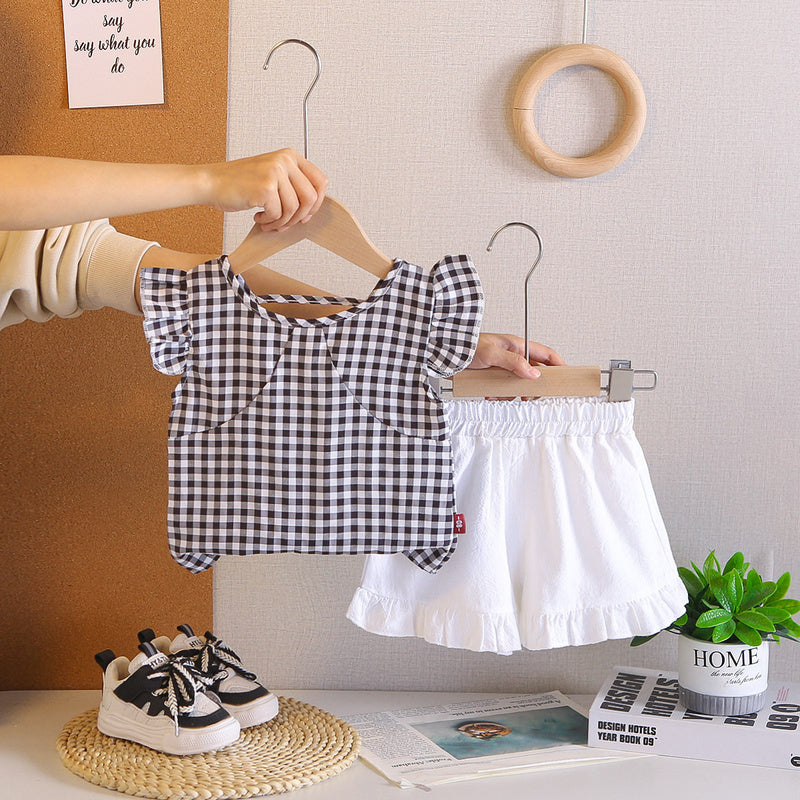 Girls' 2026 New Fashionable Children's Clothing, Flutter Plaid Short Sleeve Shorts, Baby Girl Summer Outfit