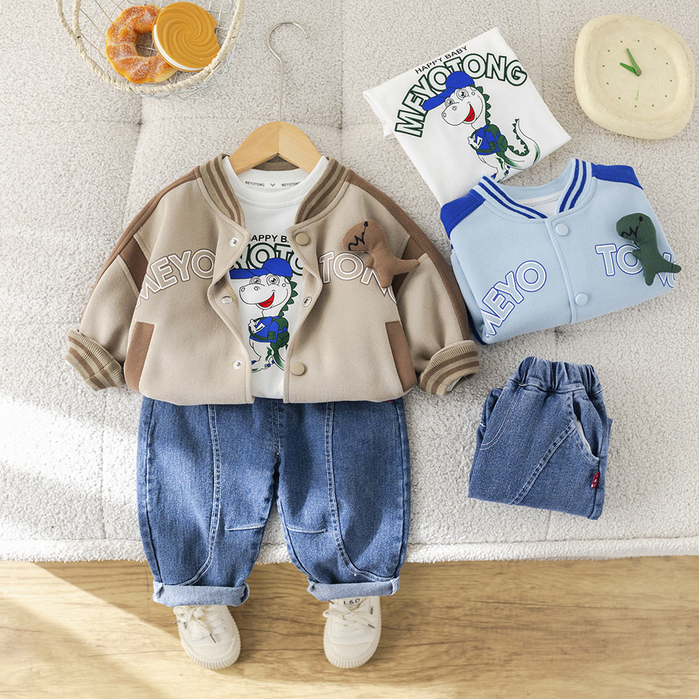 2025 Spring New Baseball Jacket Boys' Cartoon Korean Style Set Denim Huzhou Zhili Children's Clothing