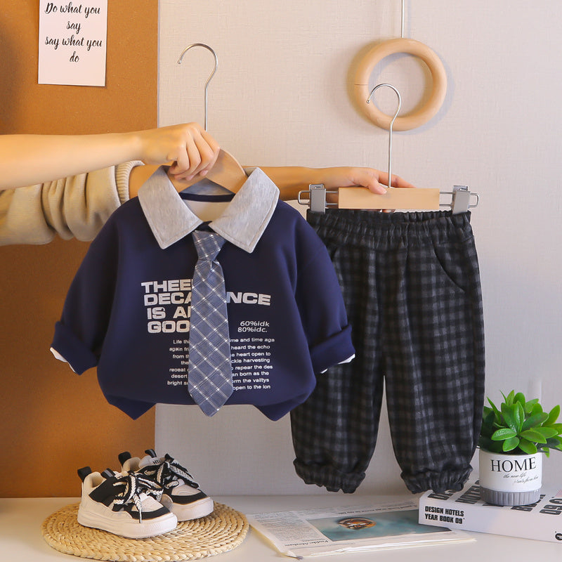 2026 New Boys' Outfit: Tie, English Collar Sweatshirt, Spring Long-Sleeve Two-Piece Set, Trendy Children's Clothing