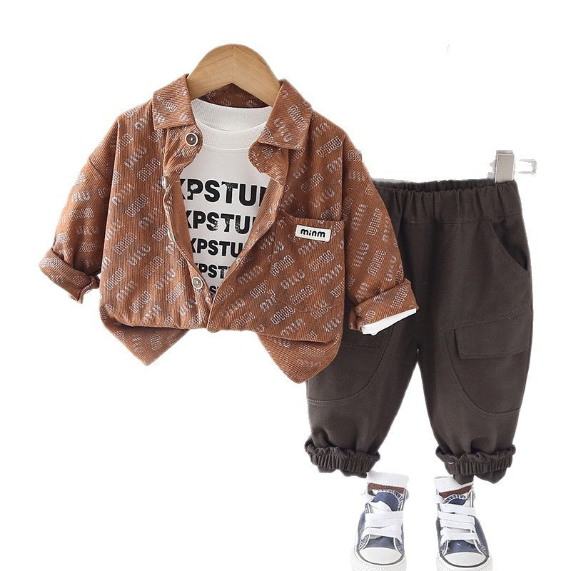 Boys' and Autumn Outfit 2026 New Children's Spring Printed Corduroy Three-Piece Set for Boys, Trendy Baby Clothes