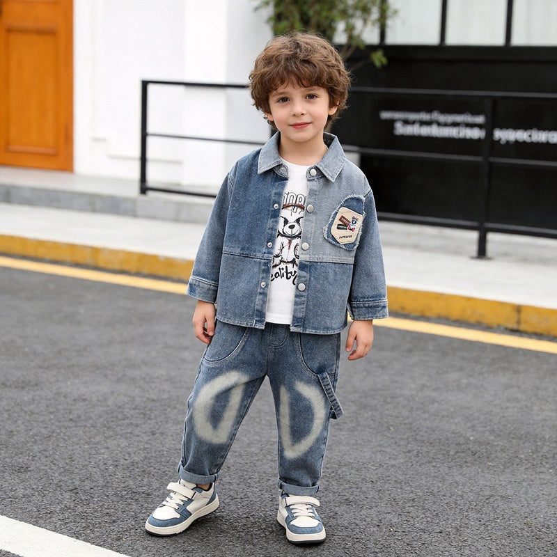 Boys' Suit 2026 New Stylish Spring and Autumn Outfit Children's Fashionable Baby Turn-down Collar Denim Bear Three-piece Set