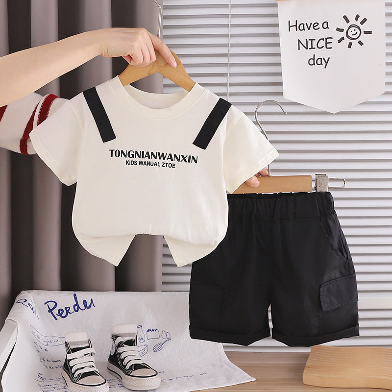 Boys' Short-Sleeve Outfit 2026 New Fashionable Fake Backpack Two-Piece Set Summer Children's Sportswear Trendy