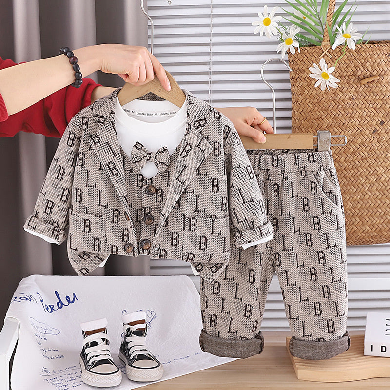 Boys' 2026 New Cool Stylish Children's Korean Version Full Letter Print Three-Piece Suit for Toddlers Spring and Autumn Trend