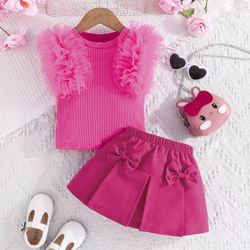 Sweet sky blue girls' top with mesh sleeves and bow-tie skirt set