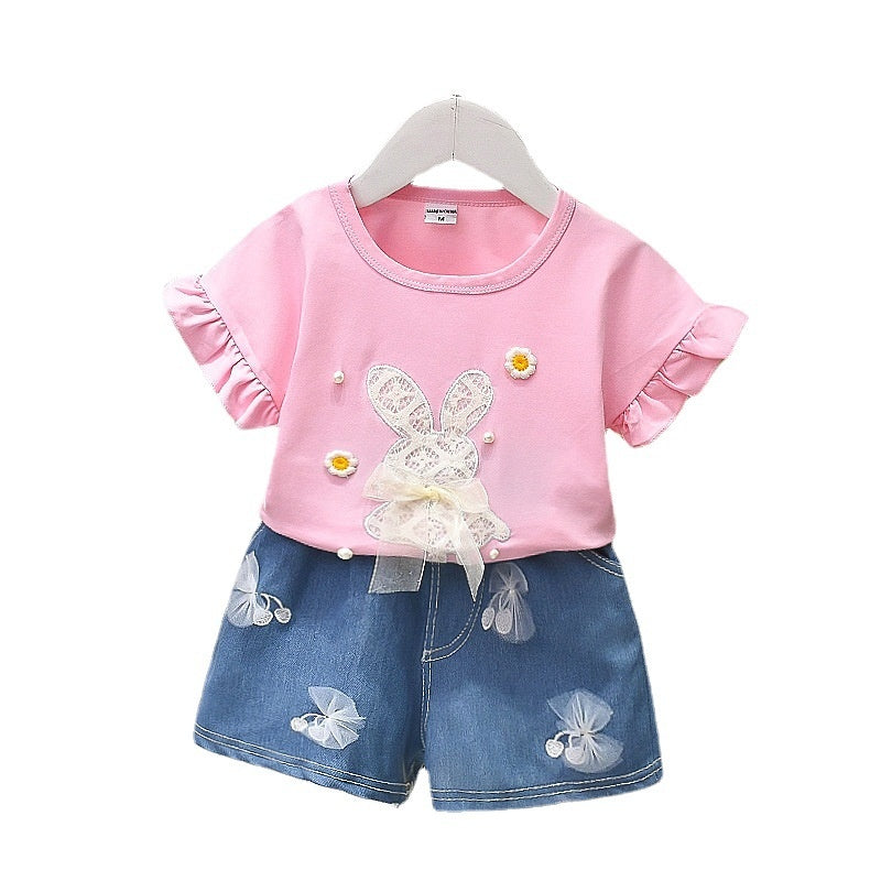 Girls' Clothing 2024 New Summer Korean Style Pure Cotton Set Baby Girls, Short Sleeve Two-Piece Outfit for Young Girls