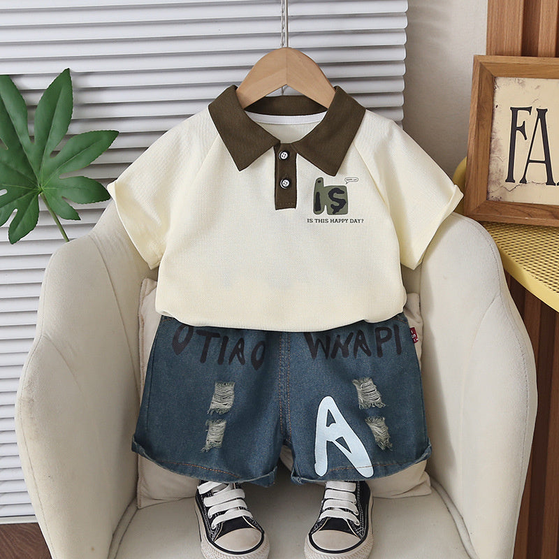 Boys' Outfit 2026 New Cool and Stylish Children's Summer Clothes Baby Letter Print Turn-down Collar Short Sleeve Two-piece Set Trendy