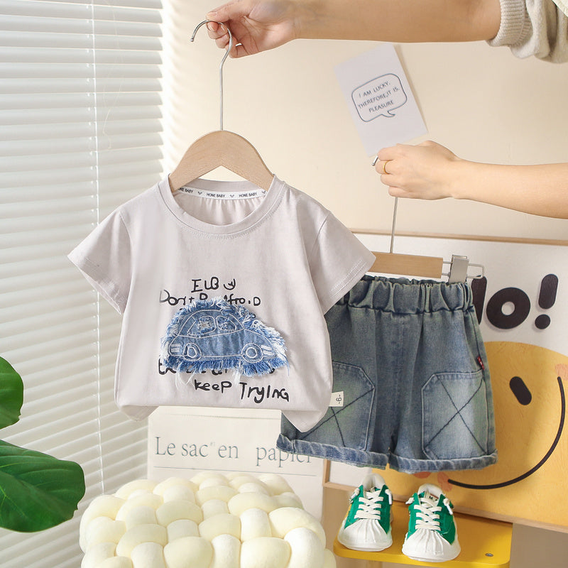 Boys' Outfit 2026 New Model: Toddler Patchwork Car Short-Sleeve Children's Clothing Baby Summer Two-Piece Set