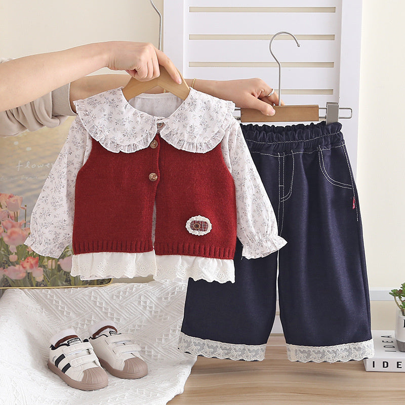 Girls' and Autumn 2026 New Fashionable Children's Casual Spring Outfit with Lace Cardigan Three-Piece Set