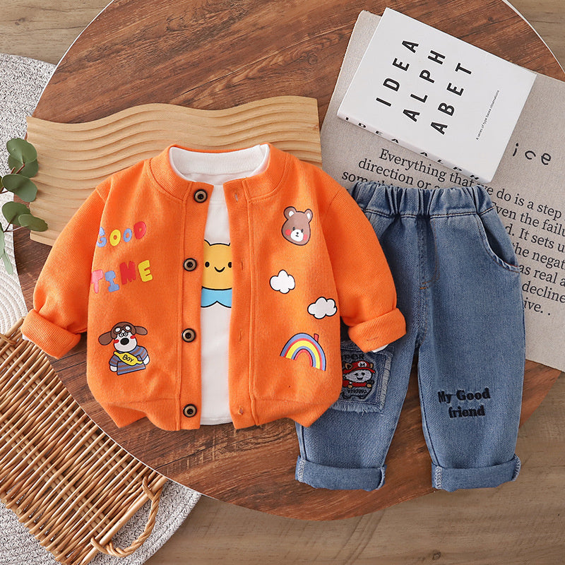 Boys' Outfit 2026 New Fashionable Bear Cardigan Three-Piece Set for Baby Boys Spring and Autumn Infant Children's Clothing
