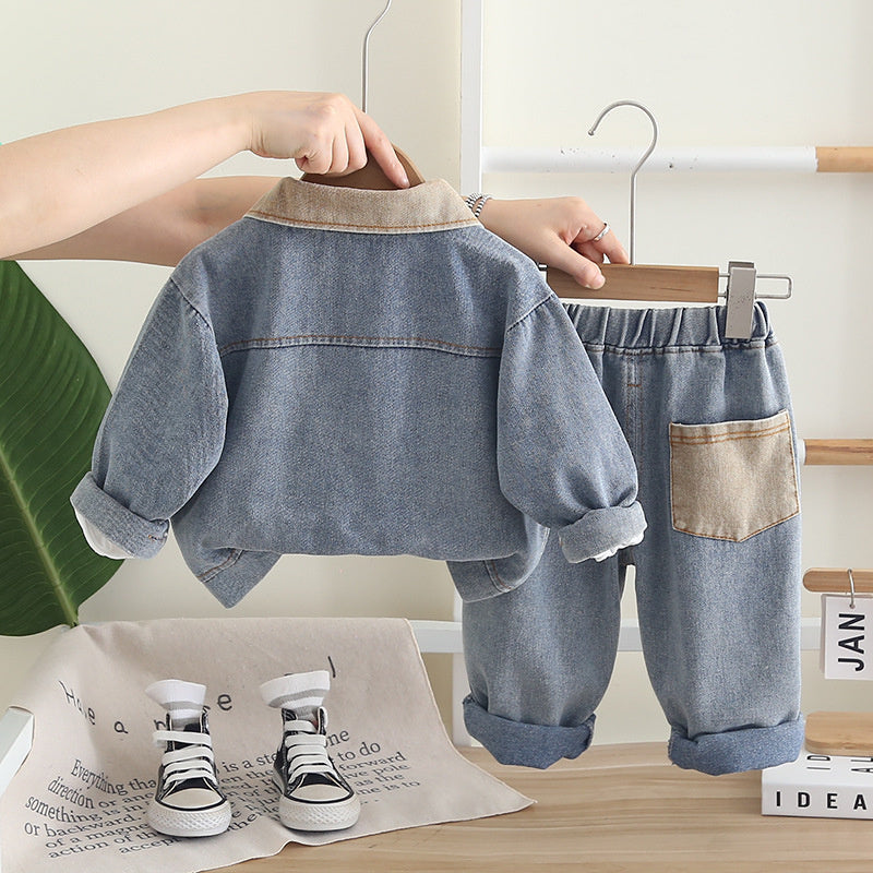 Boys' Double Pocket Denim 2025 New Korean Version Children's Soft Jacket for Young Middle-aged Children Spring and Autumn Three-piece Set