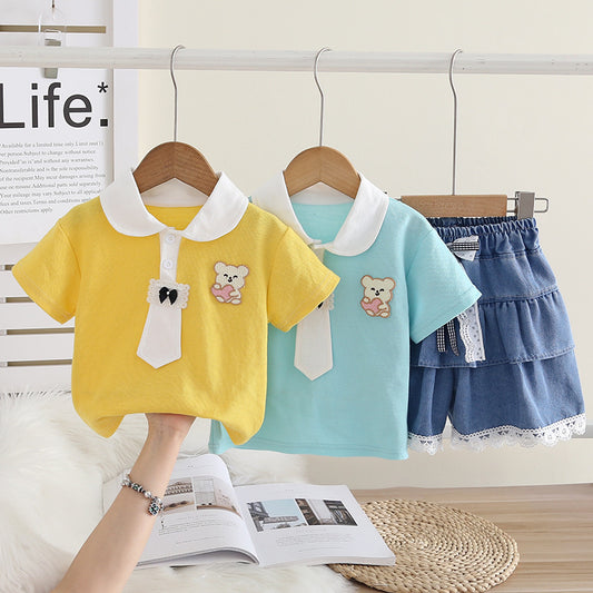 Girls' Outfit 2026 New Cute Baby Summer Embroidered Bunny Short Sleeve Two-Piece Set Trendy