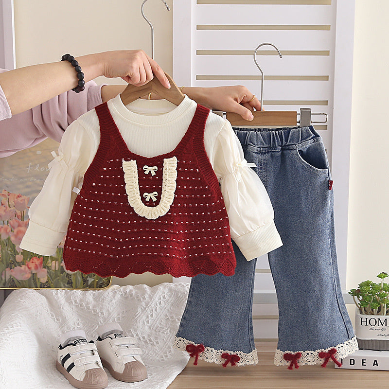 Baby Girl's and Autumn Fashionable 2-piece Outfit, Korean Style Infant Clothing for 1-year-old Girls, Spring Bowknot Three-piece Set