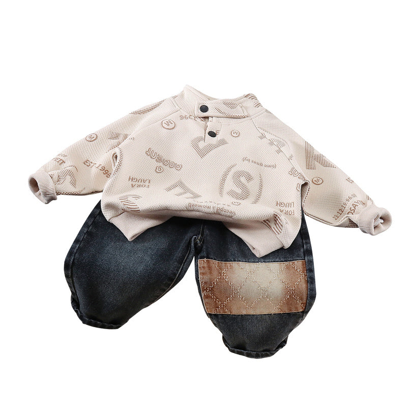 Boys' Outfit 2026 New Korean Style Spring Autumn Two-Piece Set for Boys with Stand Collar and Large Letter Print