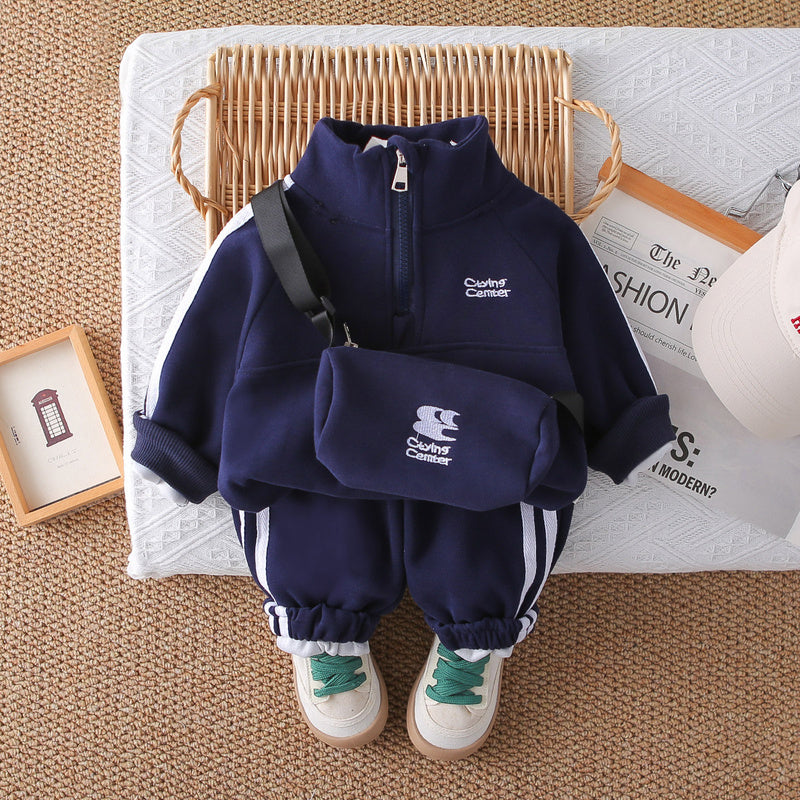 Boys' Autumn Outfit 2025 New Style Children's Long-Sleeve Clothes Stylish Baby Two-Piece Set with Half-Zip Jacket and Crossbody Bag