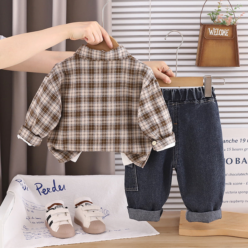 Children's clothing boys' long-sleeve suit new style baby toddler plaid shirt three-piece set ages 1-3-5 years old, stylish for spring and autumn