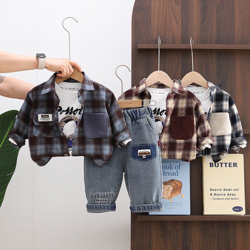 Boys' Spring Three-Piece Set with Earphone Plaid Shirt, 1-2-3-5 Years Old Toddler Outfit, Korean Style Fashionable Baby Clothes