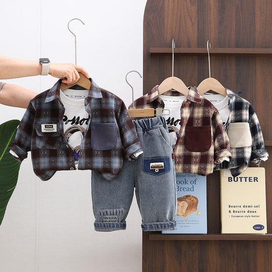 Boys' Spring Three-Piece Set with Earphone Plaid Shirt, 1-2-3-5 Years Old Toddler Outfit, Korean Style Fashionable Baby Clothes