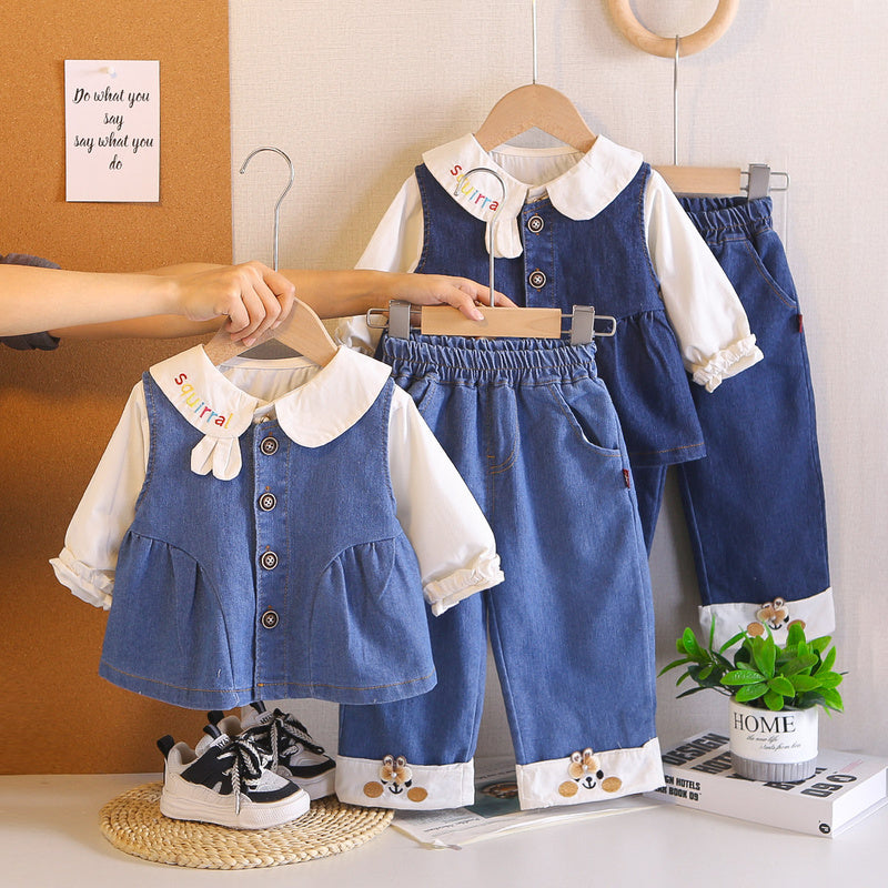 Girls' Embroidered Denim Vest Fashionable Spring Children's Spring-Autumn Outfit, Baby Long-Sleeve Three-Piece Set, Stylish