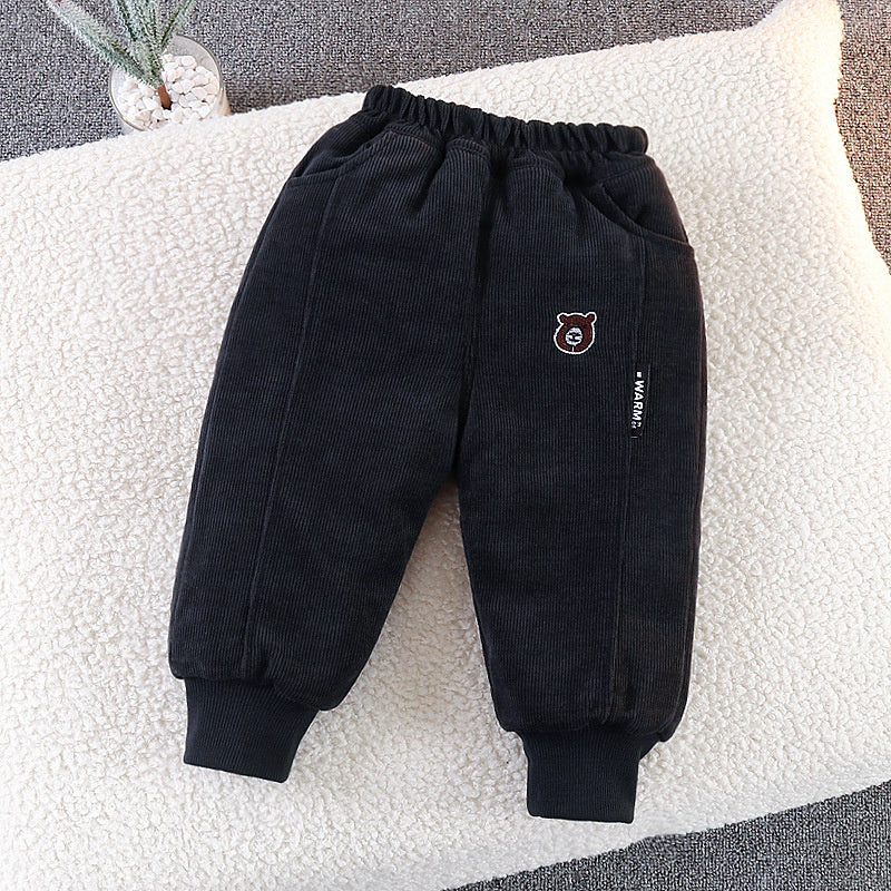 Side Label Bear Head Cotton Thickened Baby One-Piece Boys' Winter Quilted Casual Pants Trendy