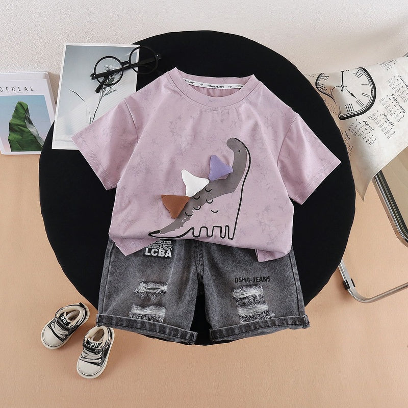 Boys' 2026 Summer Outfit New Fashionable Baby Children's Triangular Dinosaur Short Sleeve Cartoon Two-Piece Set Trendy