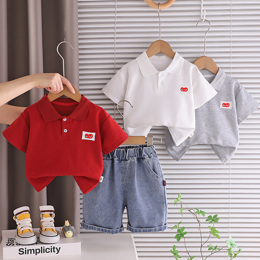 Boys' Outfit Set with Heart-Shaped Button Placket, Short Sleeve, 2026 New Model Children's Clothing for 3-Year-Old Boys, Summer Toddler Fashion