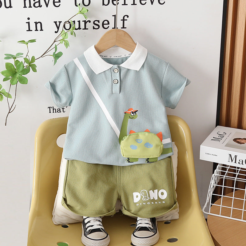 Boys' Turn-down Collar Dinosaur Short Sleeve 2026 New Baby Children's Clothing Toddler Summer Outfit Two-piece Trendy Set