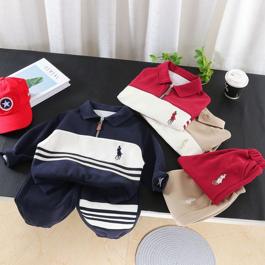 Baby Boy Outfit 2026 New Fashionable Boys' Spring and Autumn Children's Turn-down Collar Sweatshirt Two-piece Set Trendy
