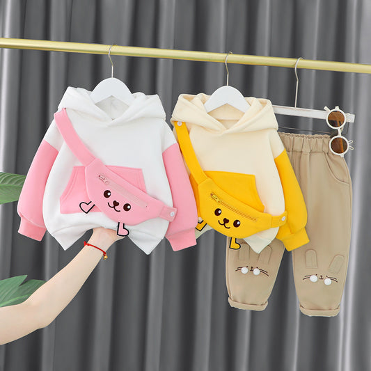 Children's clothing boys and girls, fleece-lined with hood late autumn, cartoon thickened sweatshirt two-piece set for kids