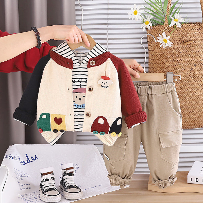Boys' and Autumn Color-Block Car Three-Piece Set Infant Cartoon Casual Outfit for 1-4 Year Olds Baby Spring Clothes