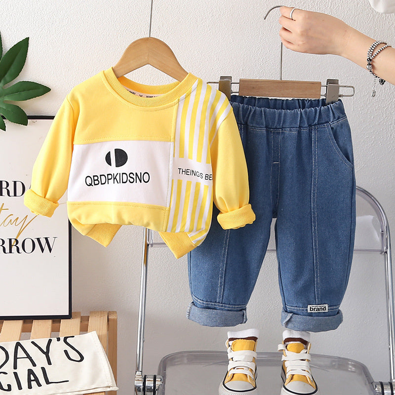 Boys' Outfit Set 2026 New Style Infant Children's Spring and Autumn Striped Sweatshirt Two-Piece Handsome Color-Block Clothes for Baby Boys