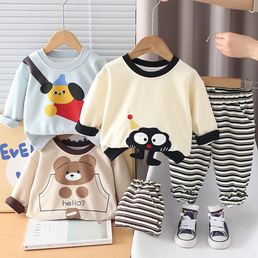 Boys' Spring Outfit Children's Cartoon Animal Round Neck Two-Piece Set 2026 New Style 1-3 Years Old Baby Sweatshirt Trendy Clothes