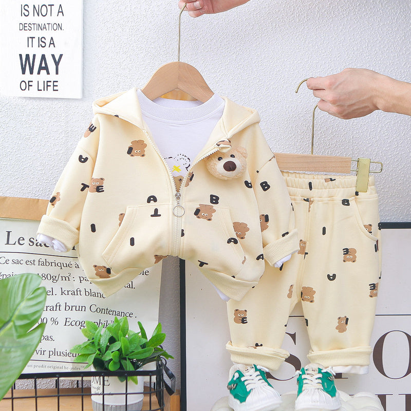 Children's Cartoon Hooded 2025 New Korean Version Boys Girls Spring and Autumn Full Print Bear Jacket Three-Piece Set