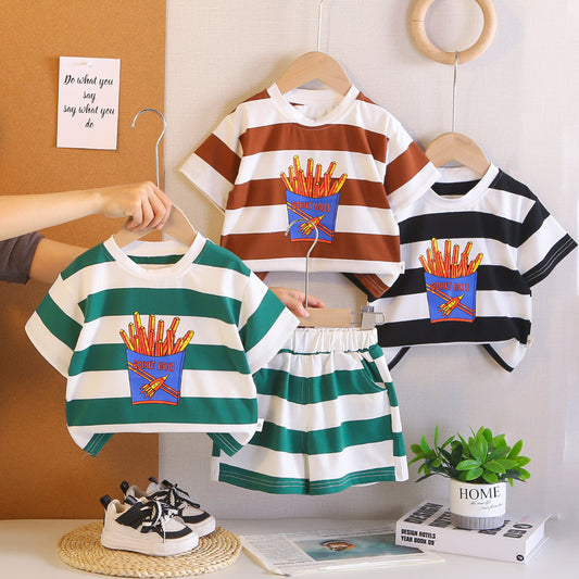 Boys' Outfit Set 2026 New Style Toddler Baby Summer Short Sleeve Striped Cartoon Clothes Two-Piece Children's Wear