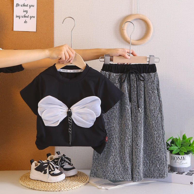 Girls' Outfit 2026 New Stylish Children's Summer Baby Girl Dragonfly Rhinestone Short Sleeve Long Pants Two-Piece Set
