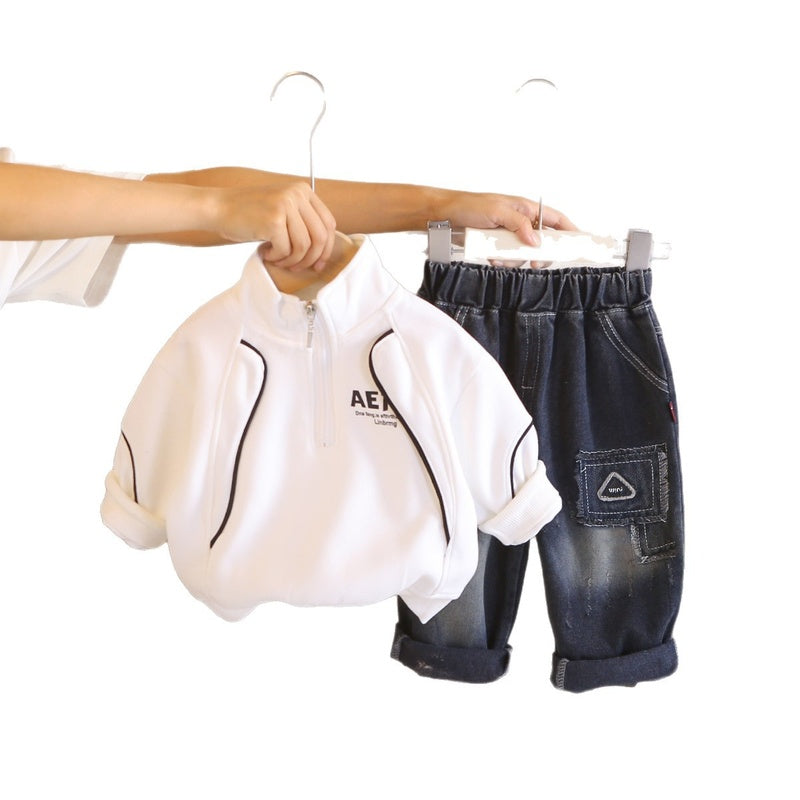 Boys' Outfit 2026 New Fashionable Two-Piece Set Baby Spring and Autumn Casual Half-Zip Sweatshirt Toddler Sportswear