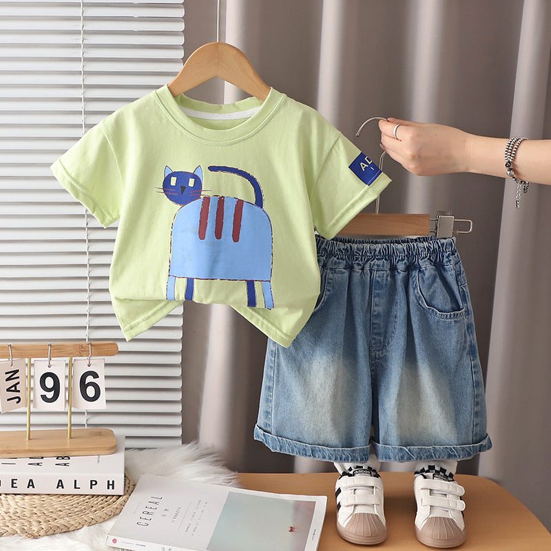 Boys and girls' summer 2026 new style children's sports cartoon cat short-sleeve shorts two-piece set trendy