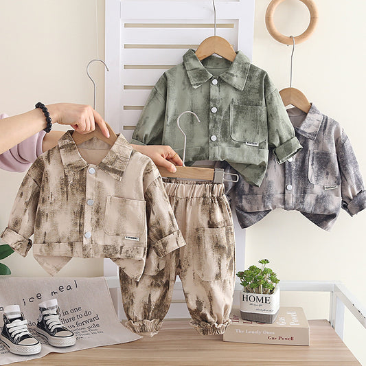 Boys' outfit stylish cool, baby spring autumn tie-dye pocket two-piece set, infant and toddler trendy clothing
