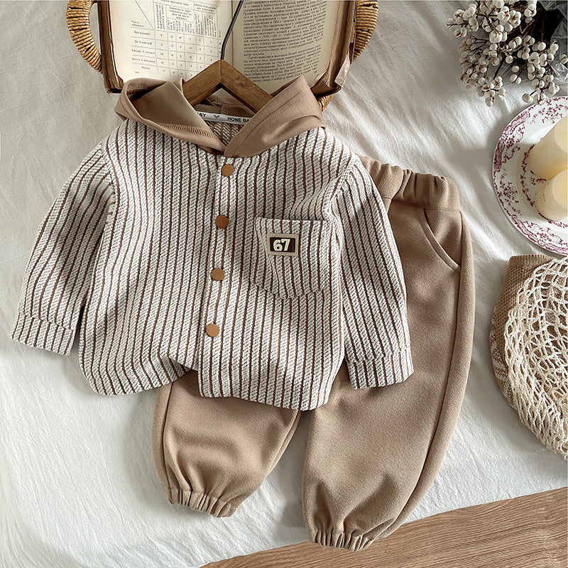 Korean Style Children's Jacket New Boys' Vertical Striped Hoodie 2025 Spring and Autumn Fashionable Long Sleeve Boys Wholesale