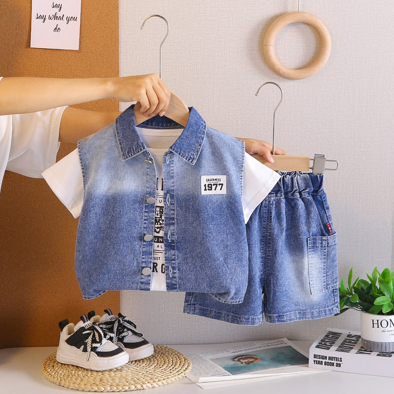 Boys' Summer Denim Vest Short Sleeve Set 2-4 Year Old Boys, 2026 New Fashionable Style for Infants and Toddlers